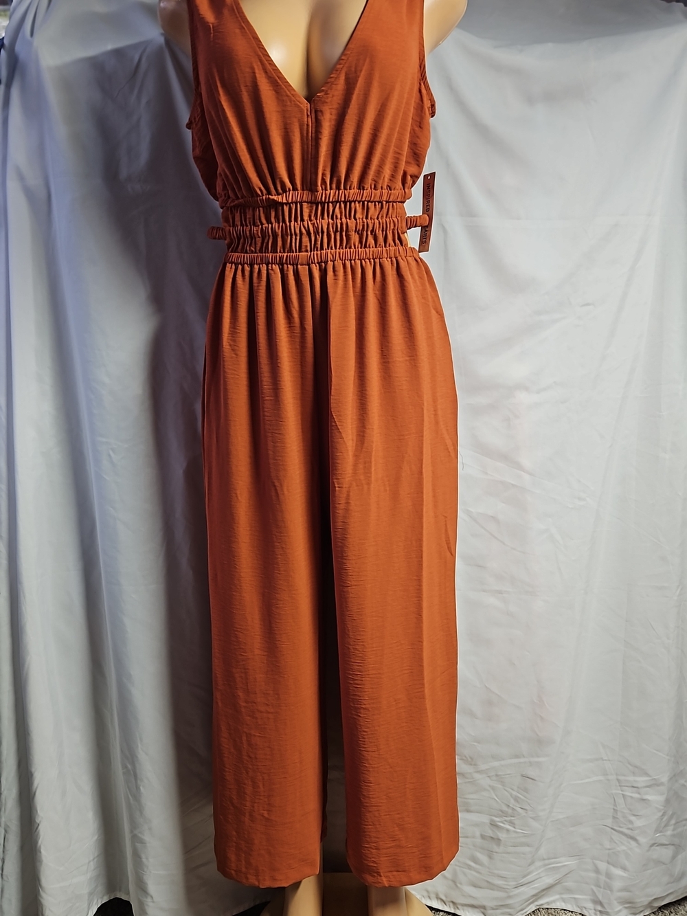 Sleeveless Rust Elastic-Waist Jumpsuit